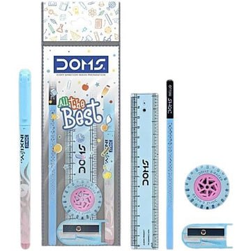 Doms All The Best Stationery Kit| Includes 1 Each- Inxify Plus Ballpen Blue Ink, 15 Cm. Scale, Triangular Extra Dark Wooden Pencil, Long Point Sharpener...