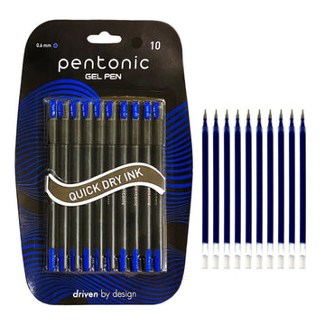 Pentonic 0.6mm Gel Pen & Refill Combo | Black Body | Blue Ink | 10 Pens + 10 Refills