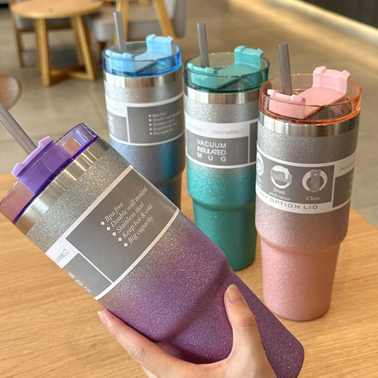 600ml Sparkling Stainless Steel Coffee Mug | Vacuum Insulated Tumbler with Straw & 3-Way Lid | Hot & Cold Travel Mug