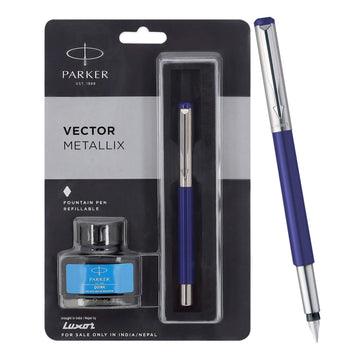 Parker Vector Mettalix Fountain Pen with Quink Ink Bottle | Ink Color Blue | Blue Body with Chrome Trim, Refillable Fine Nib Pen