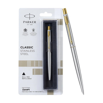 Parker Classic Stainless Steel Gold Trim Ball Pen | Blue Ink | Ballpoint Pen for Smooth Writing