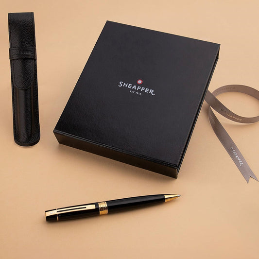 Sheaffer Gift Set | Glossy Black 300 9325 Ballpoint Pen With Gold-Tone Trim Pen Pouch