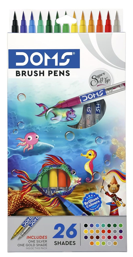 DOMS Brush Pens Box Pack 26 Shades | Calligraphy, Coloring & Watercolour Effect Pens