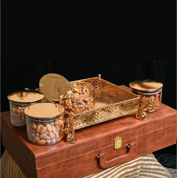 4 Horse Stand Tray With Four Jars Golden