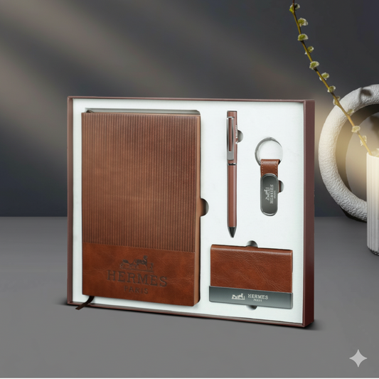 A5 NOTE BOOK, ROLLER PEN, KEY CHAIN, VISITING CARD HOLDER.