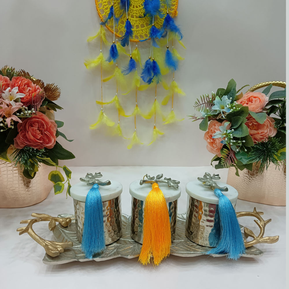 Golden Leaf Platter with Marble Lid Jars