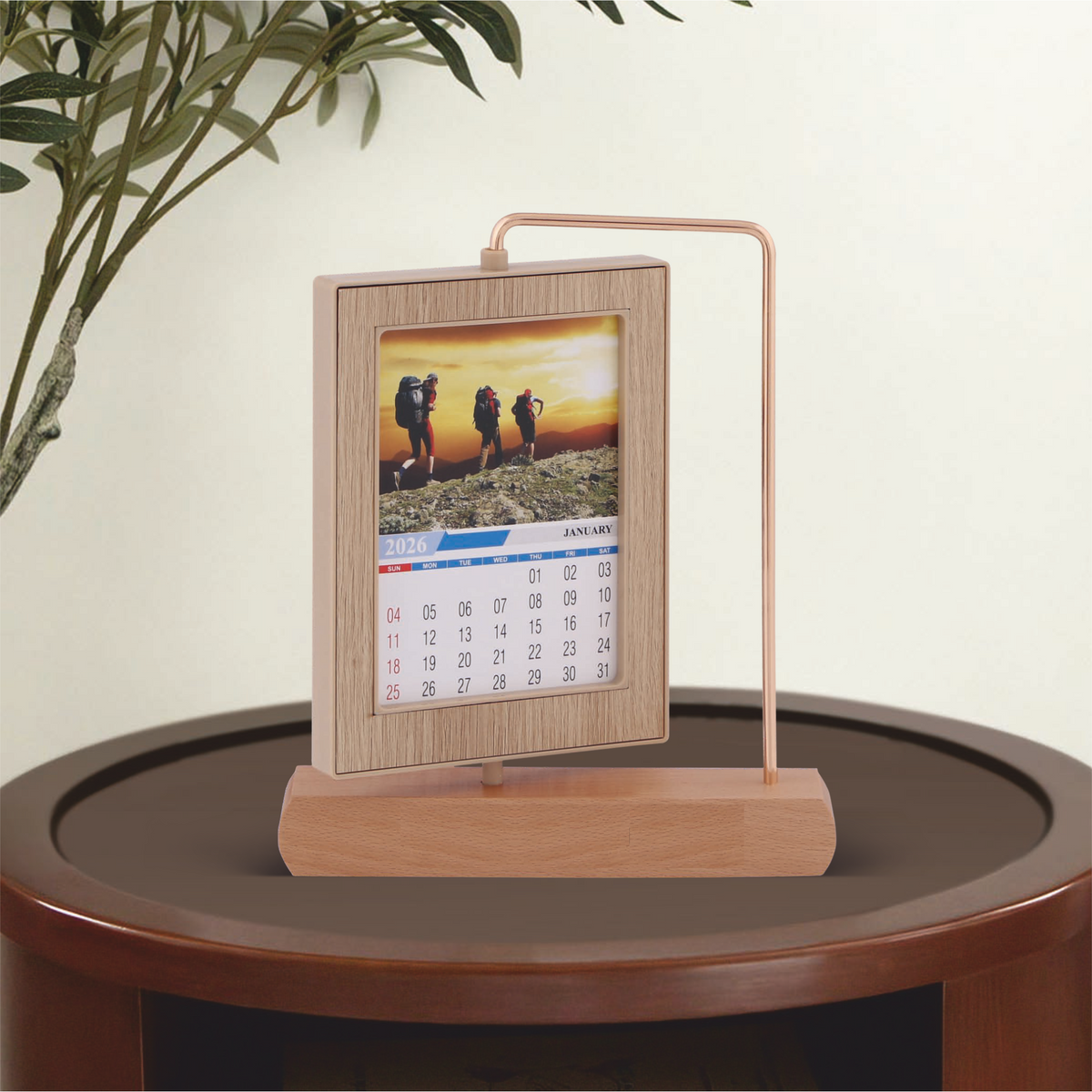 Table Calender Frame Wooden Table Calendar with Metal Frame – 360° Rotating
